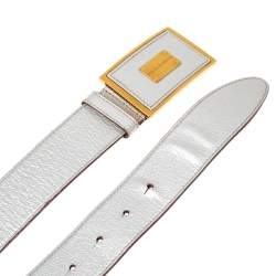 Pre Owned Dolce & Gabbana Metallic Silver Leather Logo Plaque Buckle Belt 85CM