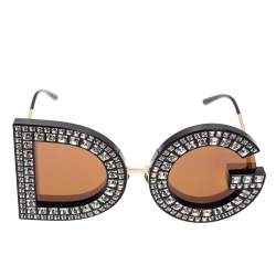 Pre Owned نظارة شمسية دولتشي أند غابانا DG6121 DG أسيتات أسود مزخرفة كريستال