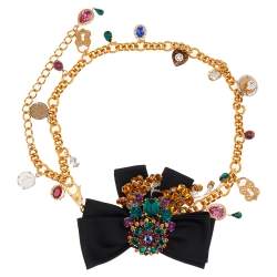 Pre Owned Dolce & Gabbana Black Satin Bow Crystal Charms Chain Belt 85CM