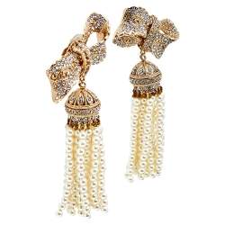 Pre Owned Dolce & Gabbana Gold Tone Crystal Bow Beaded Tassel Earrings