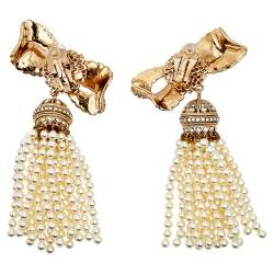 Pre Owned Dolce & Gabbana Gold Tone Crystal Bow Beaded Tassel Earrings