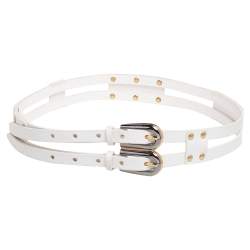 Pre Owned Dolce & Gabbana White Leather Double Buckle Belt 85 CM