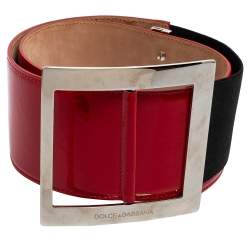 Pre Owned Dolce & Gabbana Red/Black Patent Leather and Elastic Band Buckle Waist Belt 90CM