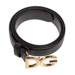 Pre Owned Dolce & Gabbana Black Leather DG Logo Buckle Belt 90CM