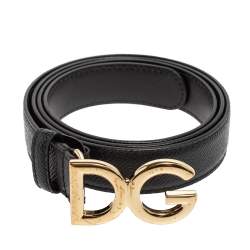 Pre Owned Dolce & Gabbana Black Leather DG Logo Buckle Belt 90CM