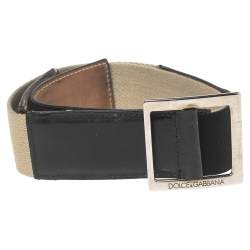 Pre Owned Dolce & Gabbana Black/Cream Canvas and Leather Buckle Belt 85CM