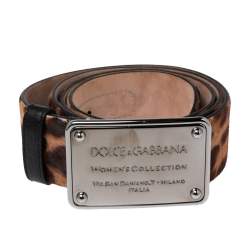 Pre Owned Dolce & Gabbana Brown Leopard Print Calf Hair Logo Plaque Belt 95CM