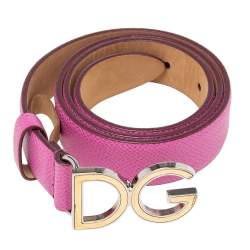 مملوكة مسبقًا Dolce & Gabbana Pink Leather Slim DG Logo Belt 70CM