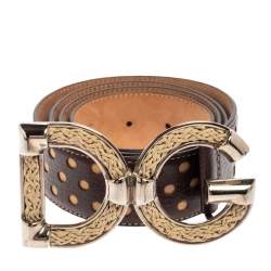 Pre Owned Dolce & Gabbana Dark Brown Perforated Leather and Canvas DG Logo Belt 105CM