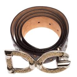 Pre Owned Dolce & Gabbana Dark Brown Perforated Leather and Canvas DG Logo Belt 105CM
