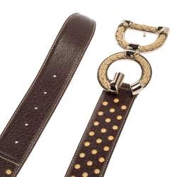 Pre Owned Dolce & Gabbana Dark Brown Perforated Leather and Canvas DG Logo Belt 105CM