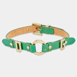 Pre Owned Dolce & Gabbana Leather Crystals Gold Tone Metal Collar Necklace