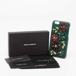 Pre Owned Dolce & Gabbana Green Lizard Embossed Leather Crystal Embellished  iPhone 6 Case