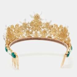 مملوكة مسبقًا Dolce & Gabbana Gold Tone Lilly & Crystal Embellished Tiara