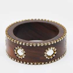 Dolce & Gabbana Brown Wood Crystal Embellished Wide Bangle