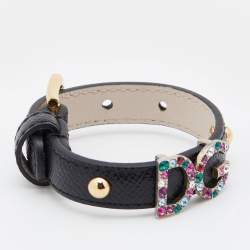 Pre Owned Dolce & Gabbana Crystal DG Logo Black Leather Bracelet M