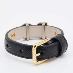Pre Owned Dolce & Gabbana Crystal DG Logo Black Leather Bracelet M