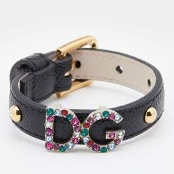 Pre Owned Dolce & Gabbana Crystal DG Logo Black Leather Bracelet M