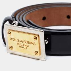 Pre Owned Dolce & Gabbana Black Glossy Leather Logo Plague Belt 85CM