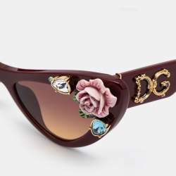 Pre Owned Dolce & Gabbana Burgundy DG436B Floral Embellished Blooming Cat Eye Sunglasses