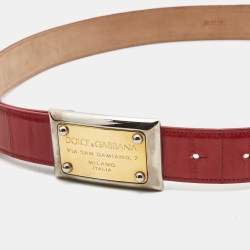 Pre Owned Dolce & Gabbana Red Eel Leather Logo Plaque Belt 90CM