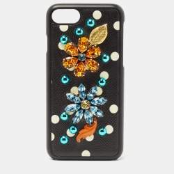 Pre Owned Dolce & Gabbana Black/White Polka Print Leather Crystals Embellished iPhone7 Case