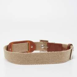 Pre Owned Dolce & Gabbana Beige Canvas and Leather Plaque Detail Waist Belt 80CM