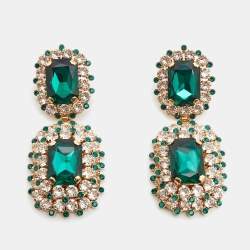 Pre Owned Dolce & Gabbana Crystal Embellished Gold Tone Clip On Drop Earrings