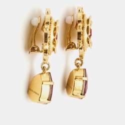 Pre Owned Dolce & Gabbana Gold Tone Red Crystal Drop Clip-On Earrings