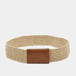 Dolce & Gabbana Cream/Brown Woven Jute and Leather Wide Waist Belt 90CM