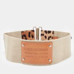 Dolce & Gabbana Brown/Beige Leopard Print Calfhair and Elastic Canvas Double Buckle Waist Belt 75CM