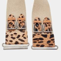 Dolce & Gabbana Brown/Beige Leopard Print Calfhair and Elastic Canvas Double Buckle Waist Belt 75CM