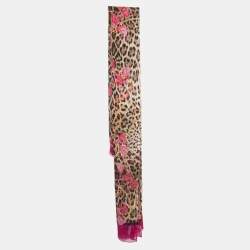 Pre Owned Dolce & Gabbana Brown/Purple Tassel Leopard Print Silk Scarf