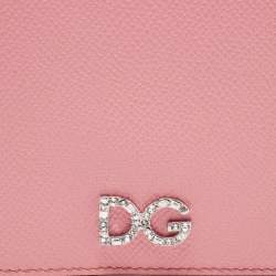Pre Owned Dolce & Gabbana Pink Leather Crystal Logo Passport Holder