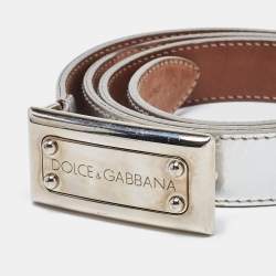 Dolce & Gabbana Silver Patent Leather Logo Plague Belt 