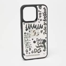 Pre Owned Dolce & Gabbana Black/White Graffiti Logo Leather DG Logo iPhone 13 Pro Case 