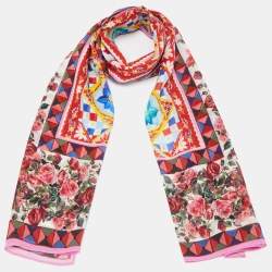 Pre Owned Dolce & Gabbana Pink Floral Siciliano Printed Silk Scarf