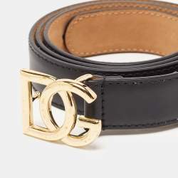 Pre Owned Dolce & Gabbana Black Leather DG Logo Slim Belt 85CM