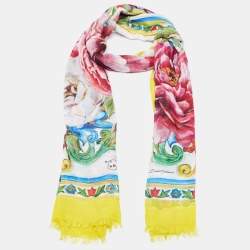 Pre Owned Dolce & Gabbana Yellow Majolica Printed Silk Gauze Scarf 