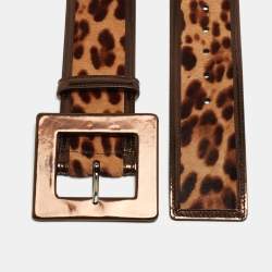 Dolce & Gabbana Bronze/Beige Leopard Print Calf Hair and Patent Leather Wide Buckle Belt 80CM
