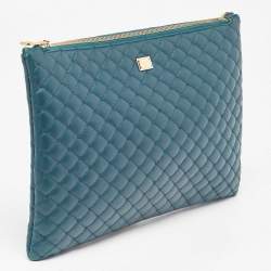 Pre Owned Dolce & Gabbana Green Quilted Leather Laptop Wristlet Case