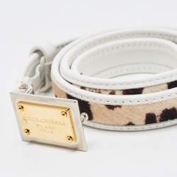Pre Owned Dolce & Gabbana White/Brown Leaopard Print Calfhair and Leather Logo Plague Slim Belt 75CM