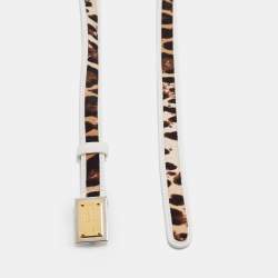 Pre Owned Dolce & Gabbana White/Brown Leaopard Print Calfhair and Leather Logo Plague Slim Belt 75CM