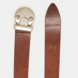 Pre Owned Dolce & Gabbana Brown Leather Round Logo Plague Belt 85CM