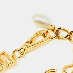 Pre Owned Dolce & Gabbana DG Motif Faux Pearl Gold Tone Chain Link Bracelet