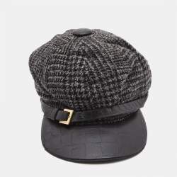 Pre Owned Dolce & Gabbana Black Wool Knit Croc Embossed Leather Baseball Cap Size 57