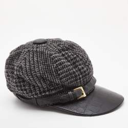 Pre Owned Dolce & Gabbana Black Wool Knit Croc Embossed Leather Baseball Cap Size 57