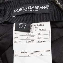Pre Owned Dolce & Gabbana Black Wool Knit Croc Embossed Leather Baseball Cap Size 57