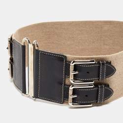Pre Owned Dolce & Gabbana Beige/Black Elastic and Leather Double Buckle Wide Belt 75CM
