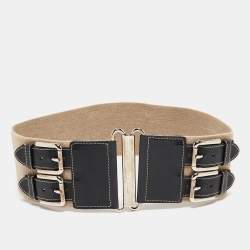 Pre Owned Dolce & Gabbana Beige/Black Elastic and Leather Double Buckle Wide Belt 75CM